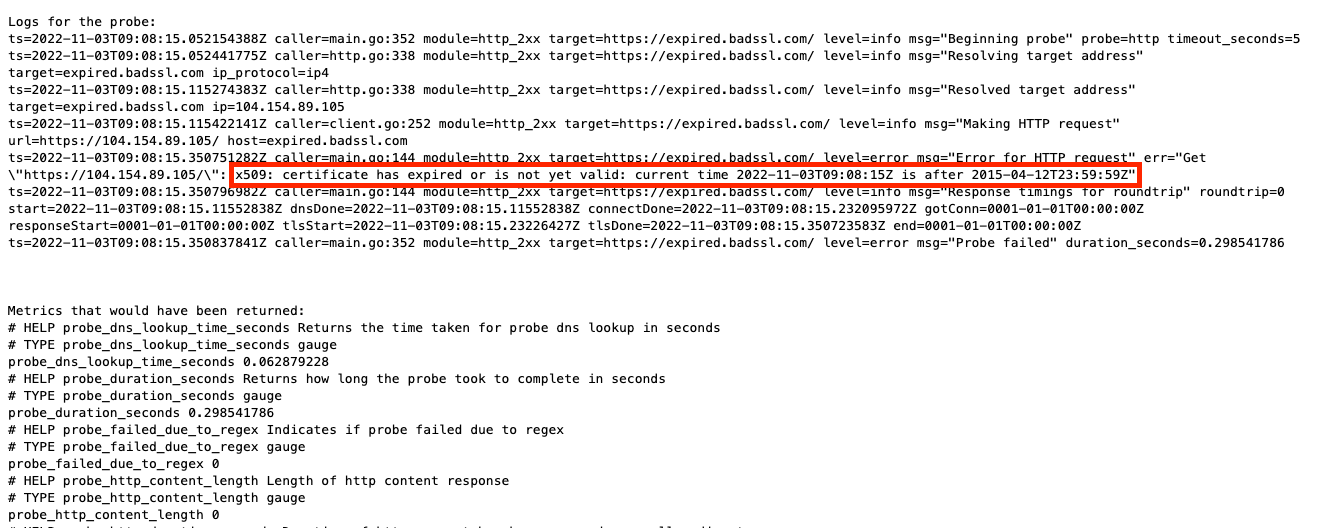 Blackbox Exporter debug logs http://localhost:9115/logs?id=<ID>